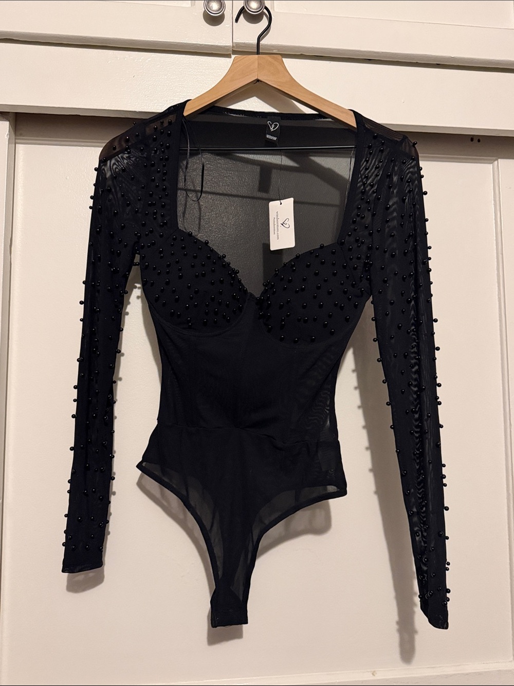 Windsor Black Beaded Long-Sleeve Mesh Bodysuit